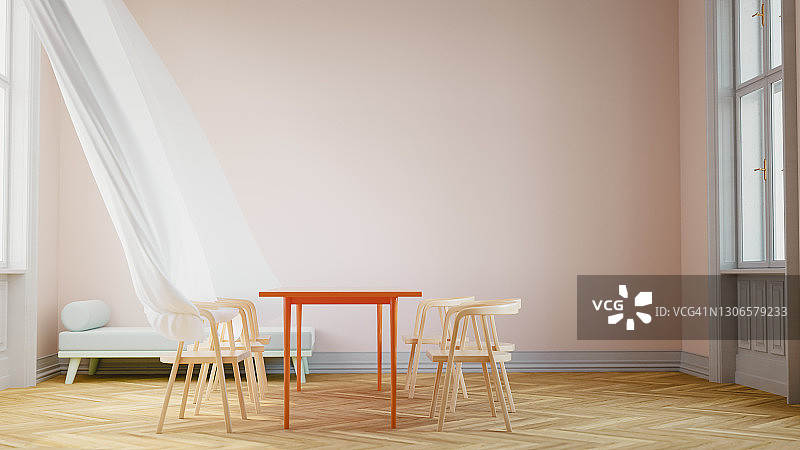 吹着窗帘的几乎空无一物的房间内部三维渲染图片素材