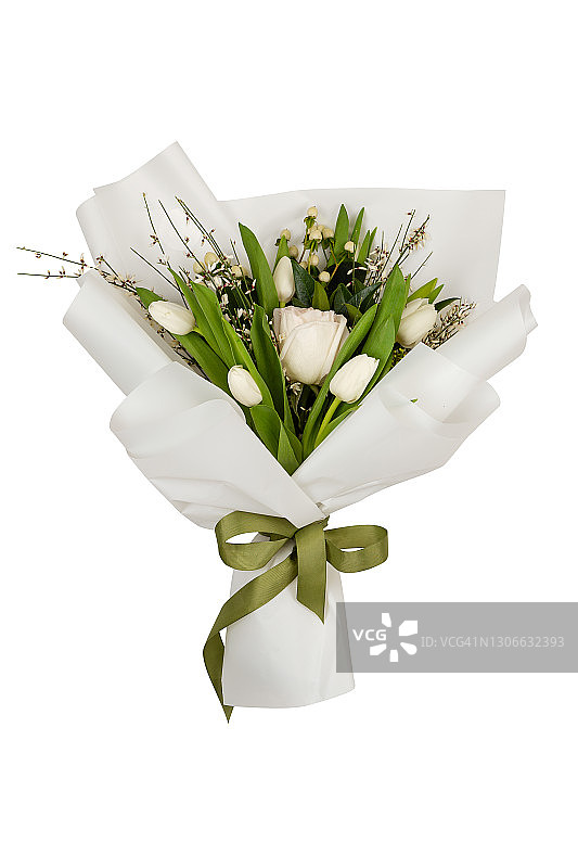 白色系春季花束，白色背景图片素材