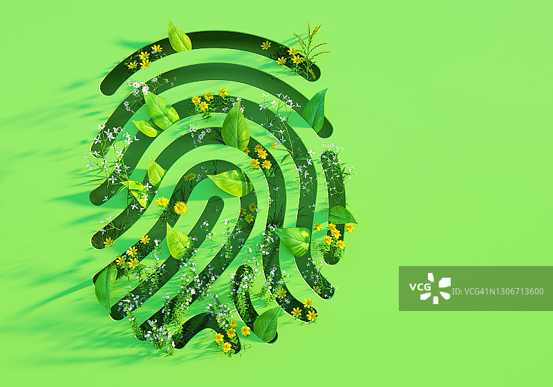带有树叶和花朵的绿色指纹形状图片素材