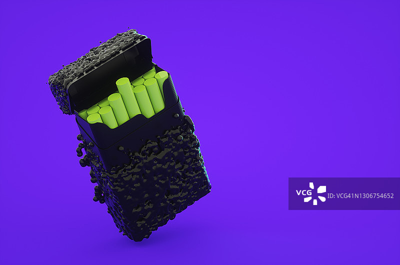 紫色背景上的一包带有毒药滴的香烟。3D渲染图片素材