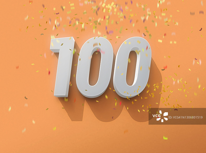 橙色背景带纸屑的100个白色3D数字图片素材