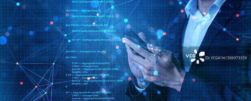 商人使用手机和未来科技AI数据分析金融投资潜力，未来主义数字金融符号计算机编码网络空间背景图片素材