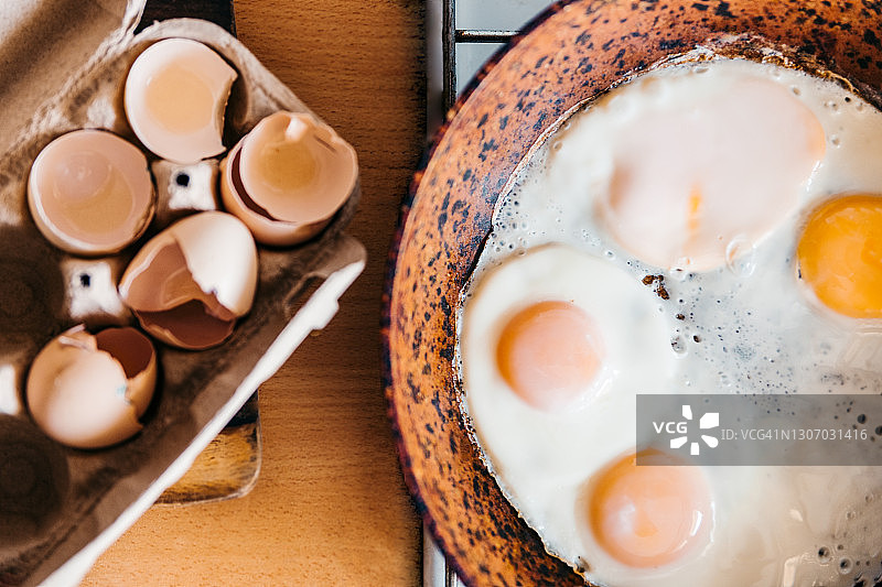 早餐概念：平底锅煎蛋与蛋壳，顶视图图片素材