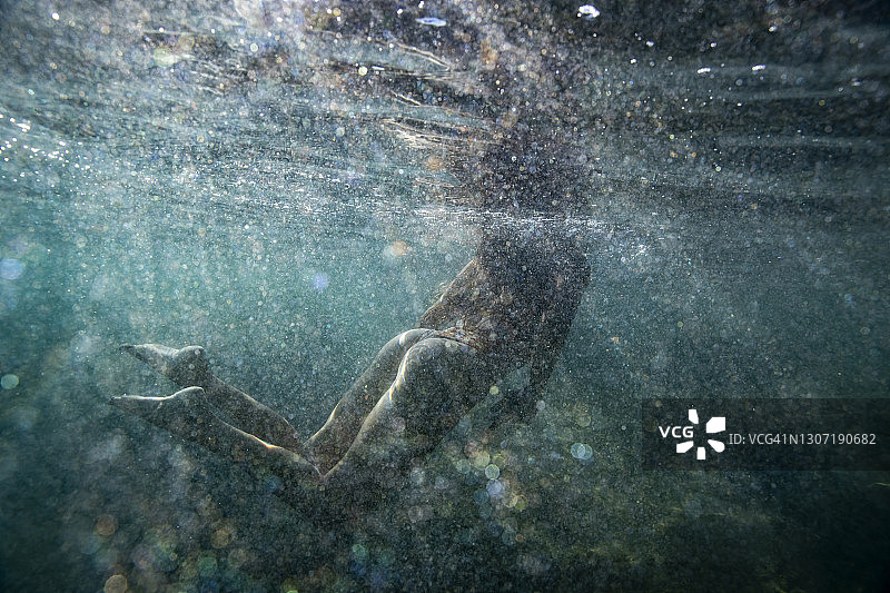 穿比基尼的女人在蓝色夏威夷海水中游泳图片素材