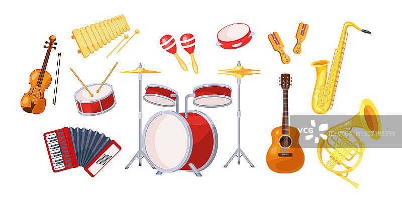 各种金属木制原声乐器：小提琴、铃鼓、竖琴、长号、风笛、萨克斯管、手风琴、吉他、鼓、合成器、沙球、伦巴矢量素材图片素材