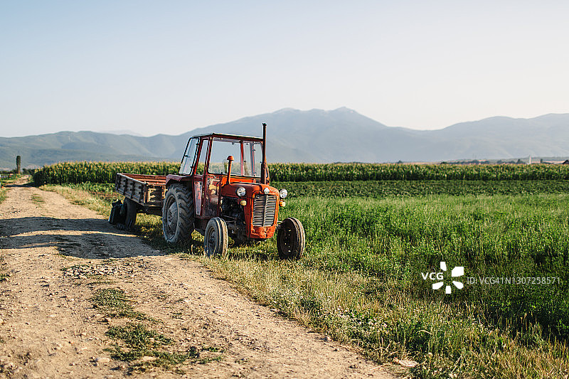 晴朗傍晚，拖拉机和拖车在开阔的农田中图片素材