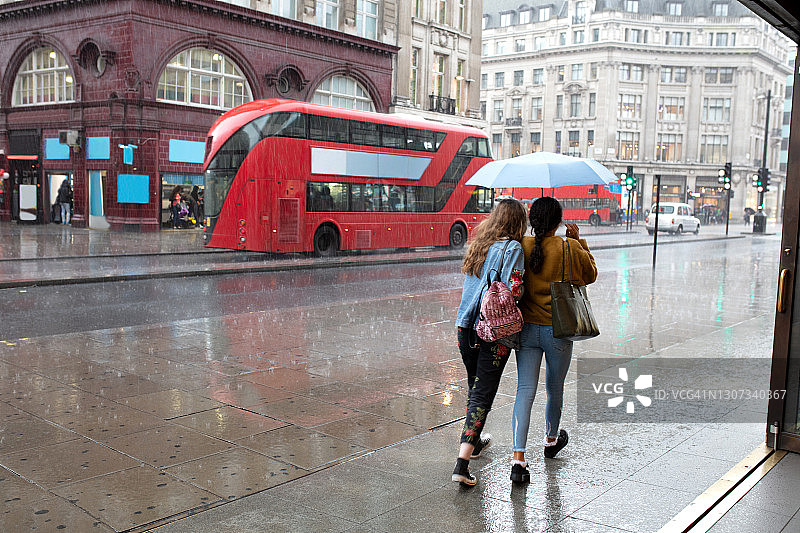在伦敦市中心，两个女人在一把伞下走在人行道上的背影图片素材