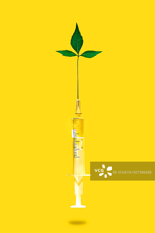 新冠病毒疫苗医疗概念，带针头的一次性注射器和绿叶，黄色背景图片素材