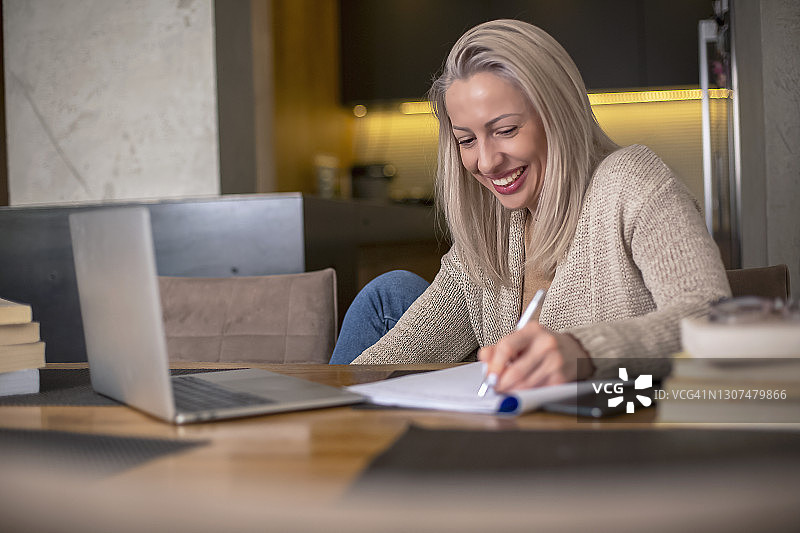 疫情期间在家用笔记本电脑工作的金发中年妇女图片素材