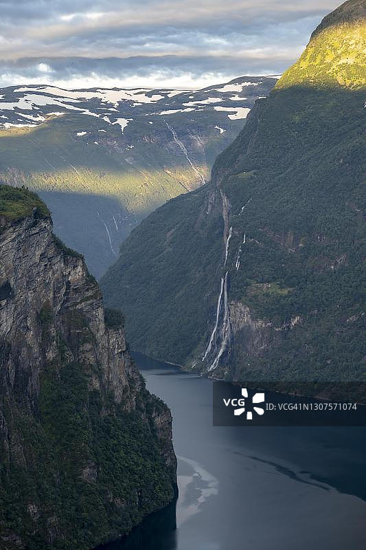 挪威盖朗厄尔峡湾七姐妹瀑布的傍晚景色图片素材