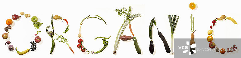 白色背景上由蔬菜和水果组成的“有机”字样图片素材