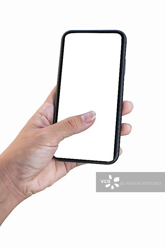 女人手持智能手机特写，白色背景图片素材