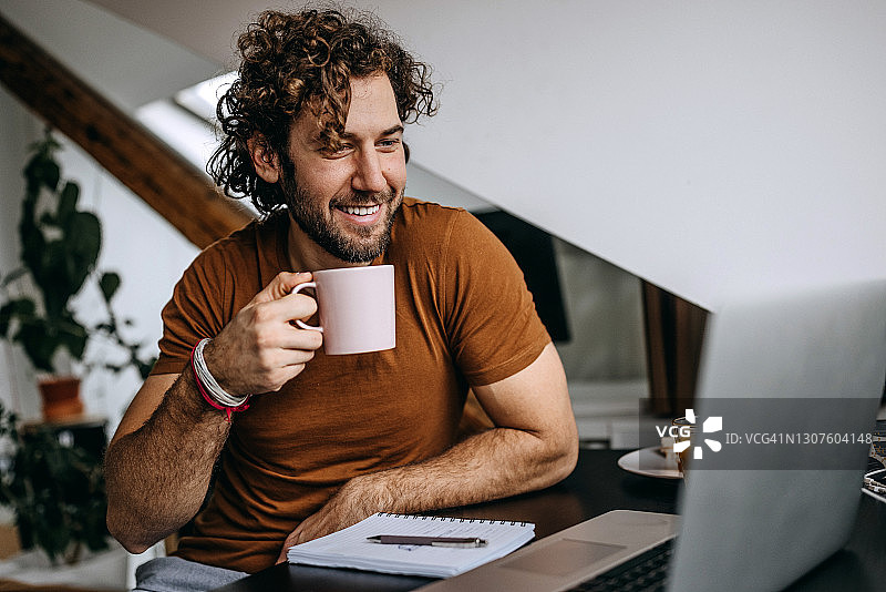 年轻英俊的男人在公寓里进行视频通话图片素材