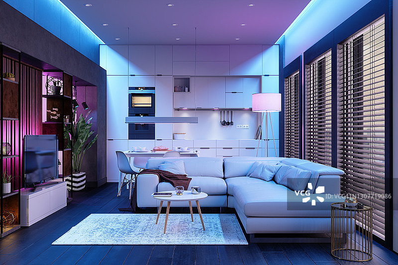 带霓虹灯的现代客厅和开放式厨房夜景图片素材