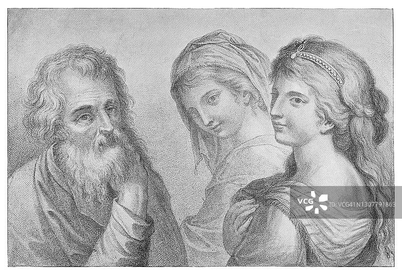 雕刻年长男性和两位年轻女性素描图图片素材