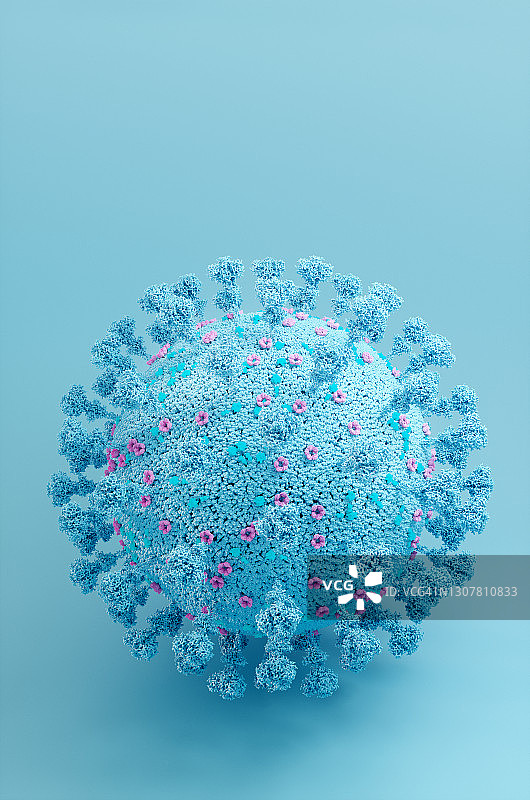 蓝色表面上的新冠病毒模型特写：3D渲染图片素材
