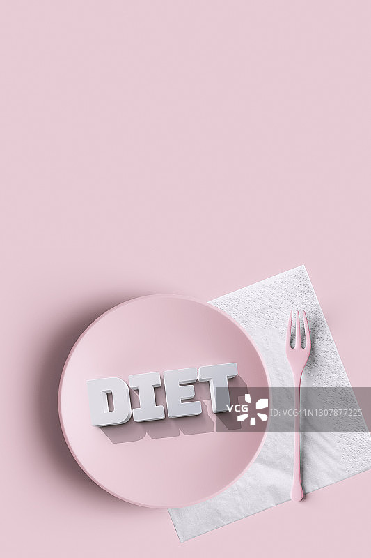 粉色背景中的粉色餐盘和叉子，以及“饮食”字样图片素材