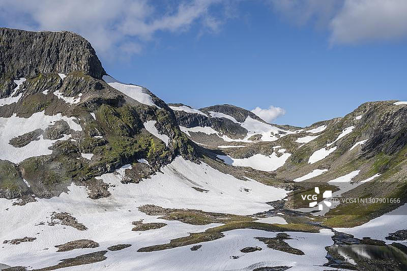 挪威Aurland Naeroeyfjord的Rimstigen雪山高地图片素材