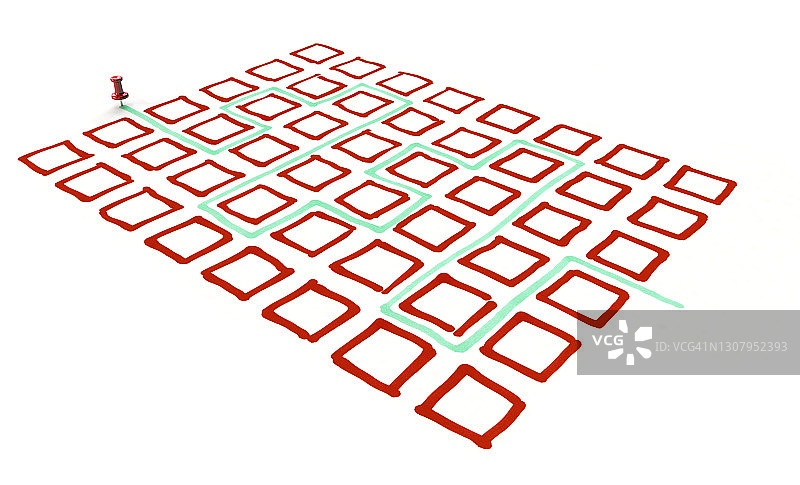 红色迷宫尽头绘制表面上的红色地图图钉，显示逃生路线图片素材