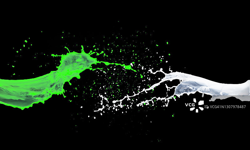 彩色液体在黑色背景上产生飞溅和滴落图片素材