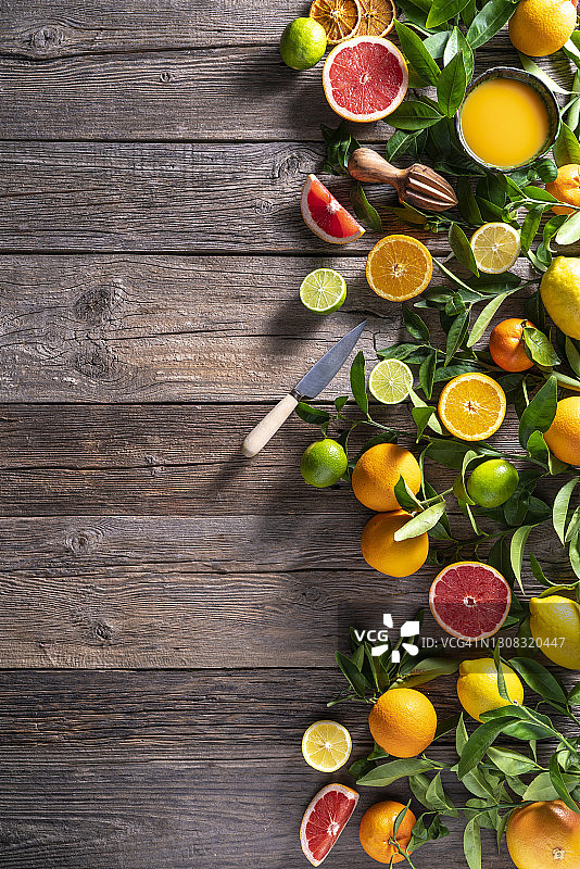 柑橘水果拼盘：橙子、柠檬、橘子和葡萄柚叶图片素材