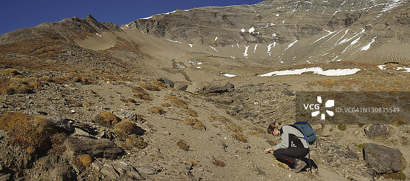 徒步者在阿尔卑斯山寻找矿物，高山岩石景观，奥地利Hohe Tauern国家公园图片素材