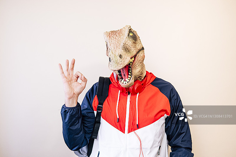 戴着恐龙面具的男人看着镜头并做出OK手势图片素材