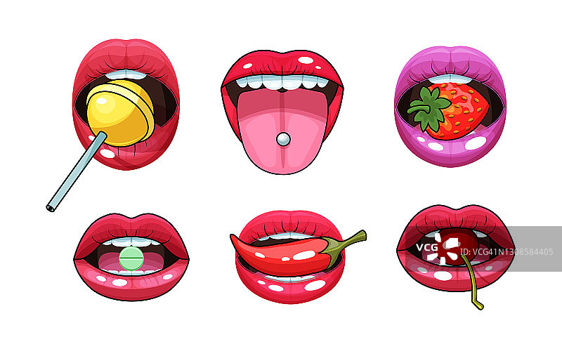 性感的女人嘴唇集合。红色性感女孩嘴唇贴纸波普艺术图标表达不同的情绪。女人嘴里含着草莓、辣椒、柠檬、口香糖、药丸、棒棒糖矢量图图片素材