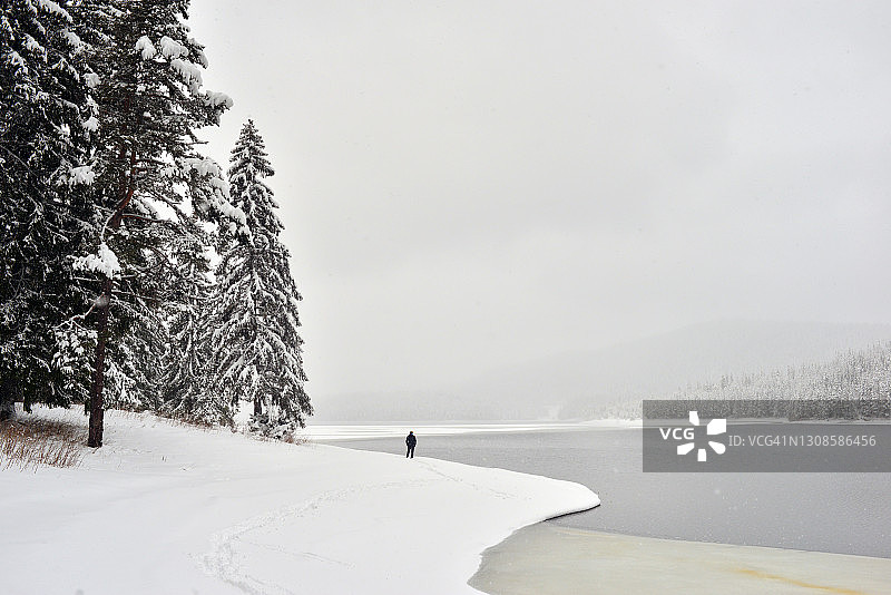 男人剪影站在冰冻山湖和雪松旁图片素材