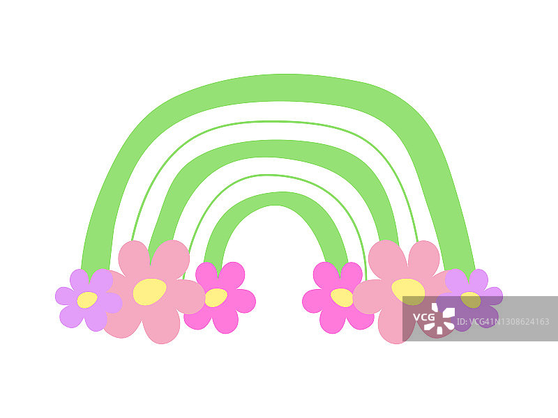 手绘彩色简约波西米亚彩虹与鲜花，波西米亚风格儿童房彩虹印花，复活节矢量彩虹图片素材