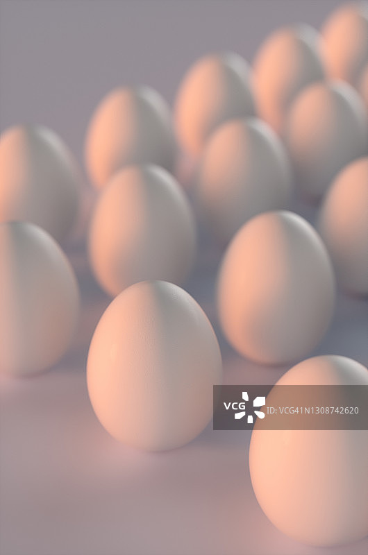 白色背景下，晨光中许多生鸡蛋的特写 3D渲染插图图片素材