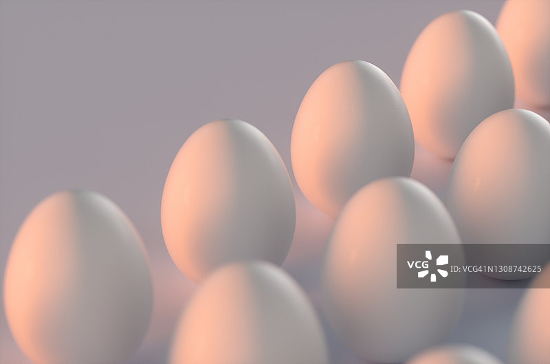 白色背景下，晨光中许多生鸡蛋的特写 3D渲染插图图片素材