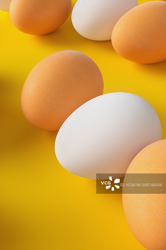 黄色背景上成排排列的棕色和白色生鸡蛋 3D渲染插图图片素材