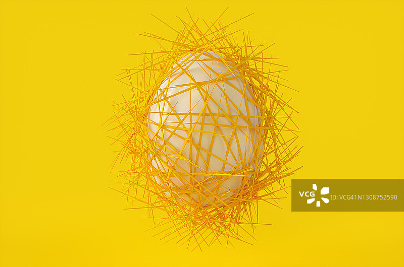 黄色背景的稻草中漂浮着一个白色复活节彩蛋，3D渲染插图图片素材