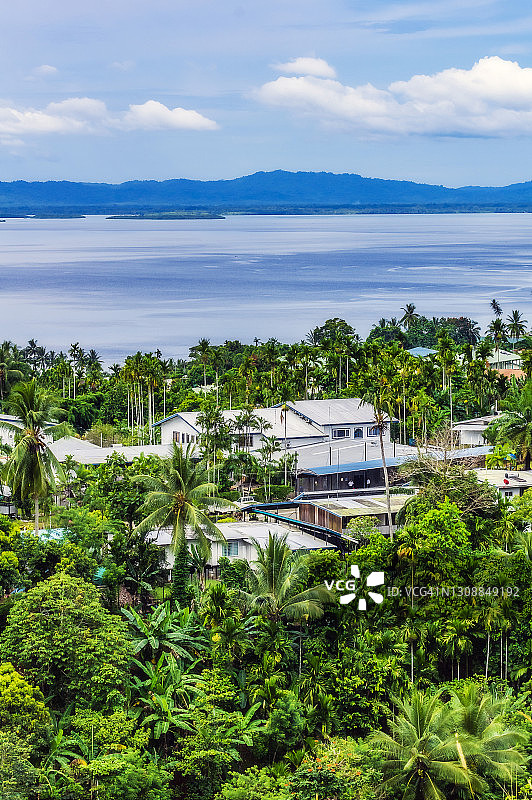 巴布亚新几内亚阿洛陶被绿色棕榈树环绕的沿海城镇图片素材