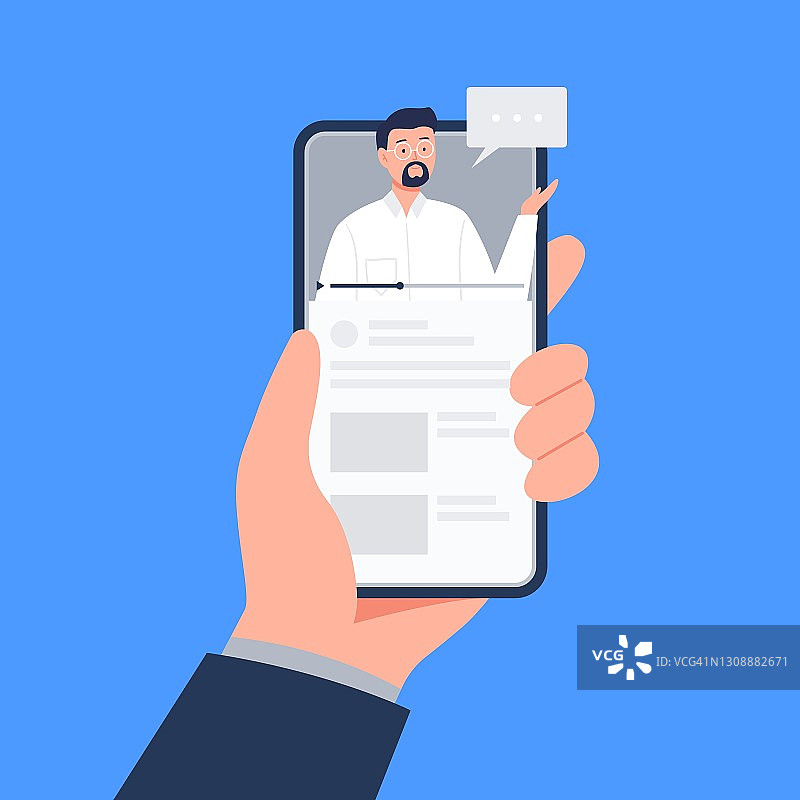 手持播放视频的智能手机。观看在线视频、课程、网络研讨会、教程。矢量扁平插图。图片素材