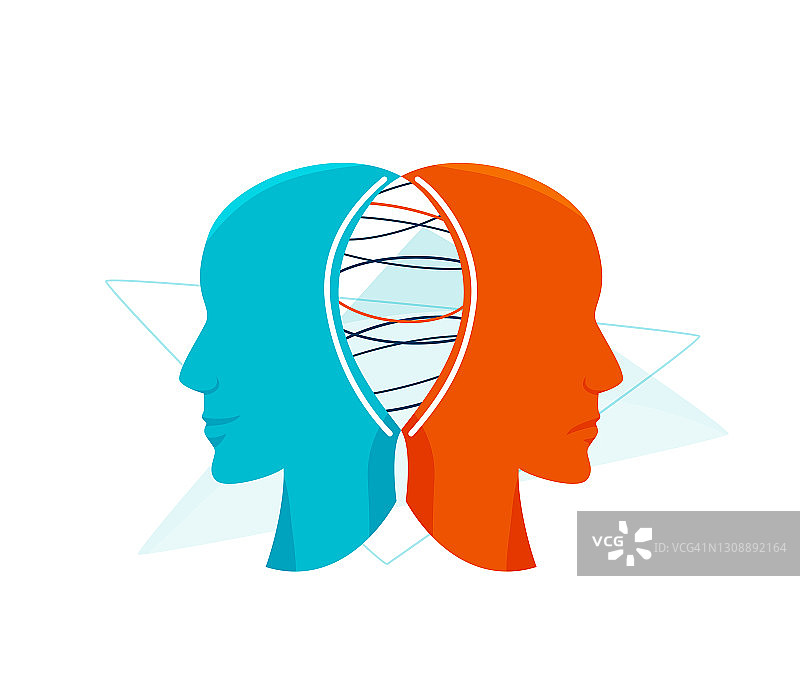 心理健康矢量插图：双面人，快乐与悲伤，人类行为情绪二元性设计理念图片素材