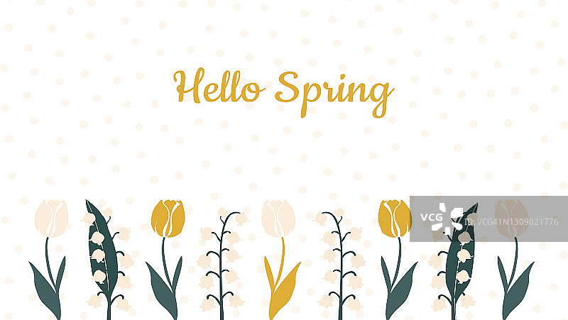 波点背景上的郁金香和铃兰，潮流色彩的春天主题卡片，可用于餐具、纺织品、服装、笔记本印刷的可爱花卉图案矢量图图片素材