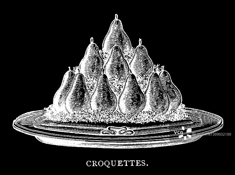 古董食谱炸丸子雕版插图图片素材