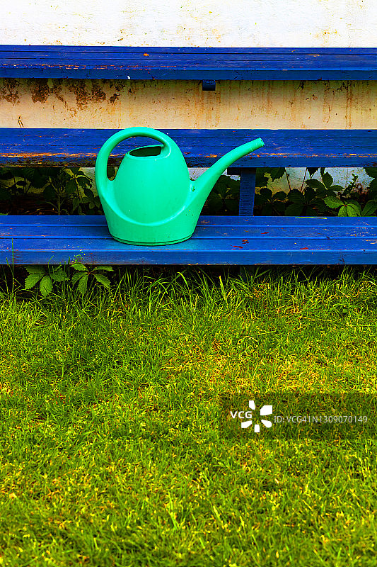 花园蓝色台阶上的绿色喷壶图片素材