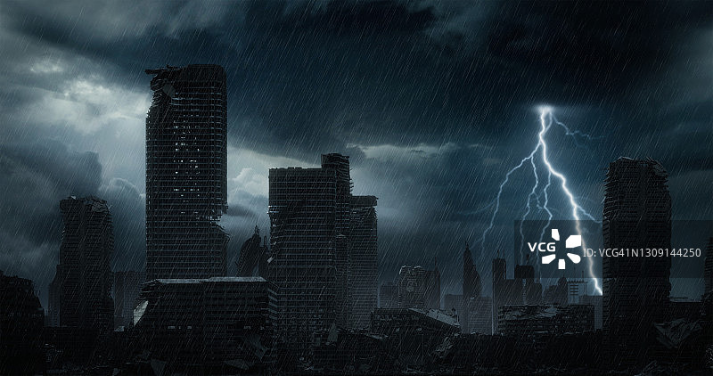 末日后的城市景观（夜间风暴）图片素材