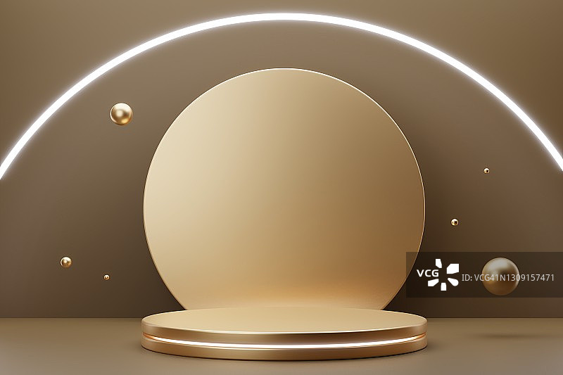 两个带有奢华灯光的金色领奖台，完美的产品展示台，扁平风格，三维，流行的节日色彩和年度设计风格图片素材
