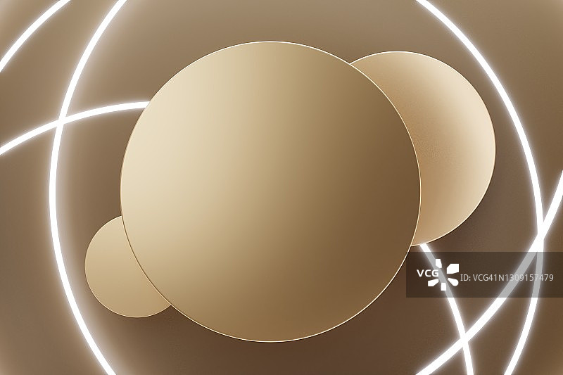 金色领奖台与奢华白色霓虹灯光，产品展示完美舞台，扁平风3D效果图片素材