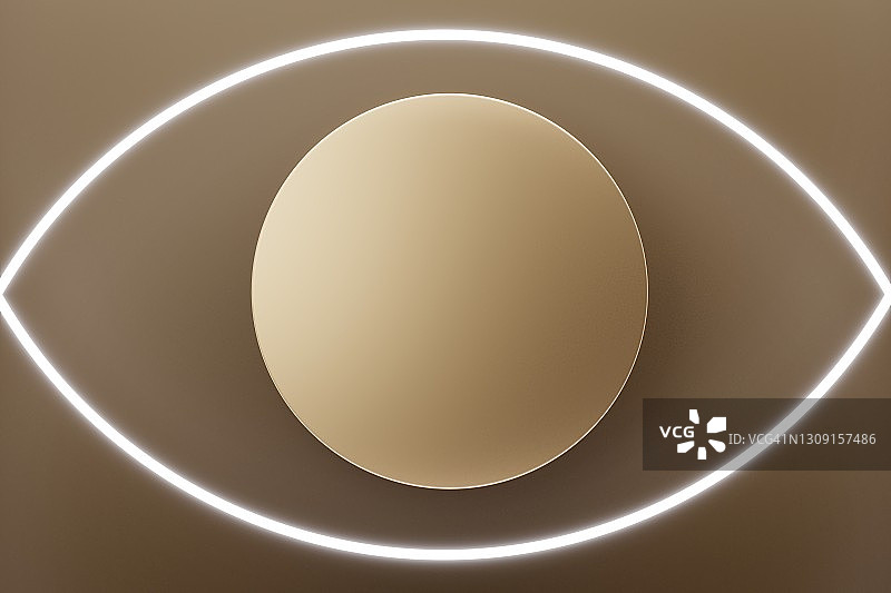 带有奢华白色霓虹灯的金色圆圈形成眼睛，是您产品的完美舞台，扁平风格，三维效果图片素材