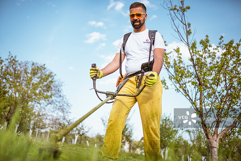 男子用汽油修剪机修剪浓密的草图片素材
