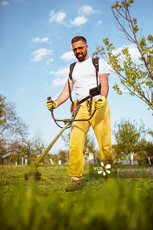 男子用汽油修剪机修剪浓密的草图片素材