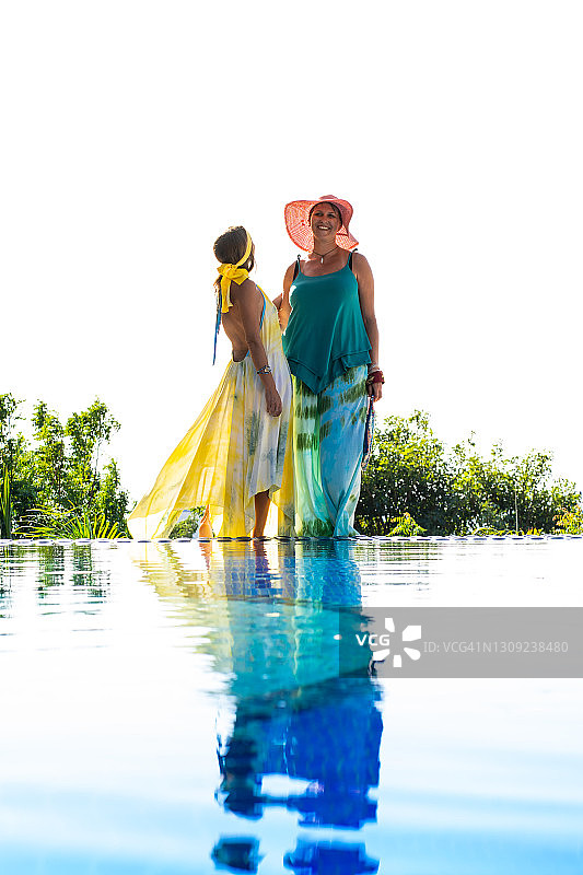 竖版照片：泳池边身穿彩色连衣裙和宽边帽的两位女士图片素材