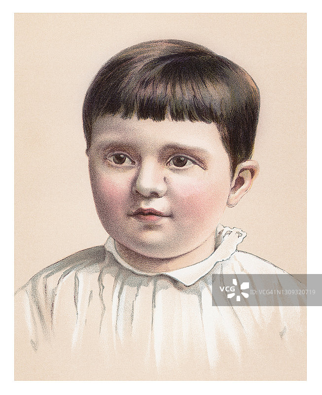 小孩子肖像老式彩色石印插图图片素材