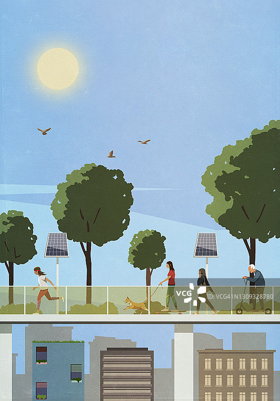 城市上方带有太阳能电池板的高架走道上的行人图片素材