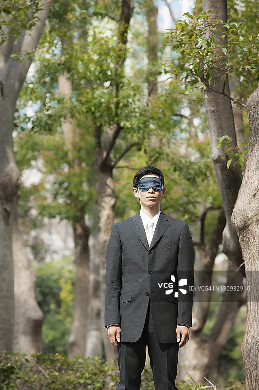 蒙眼在公园里的商人图片素材